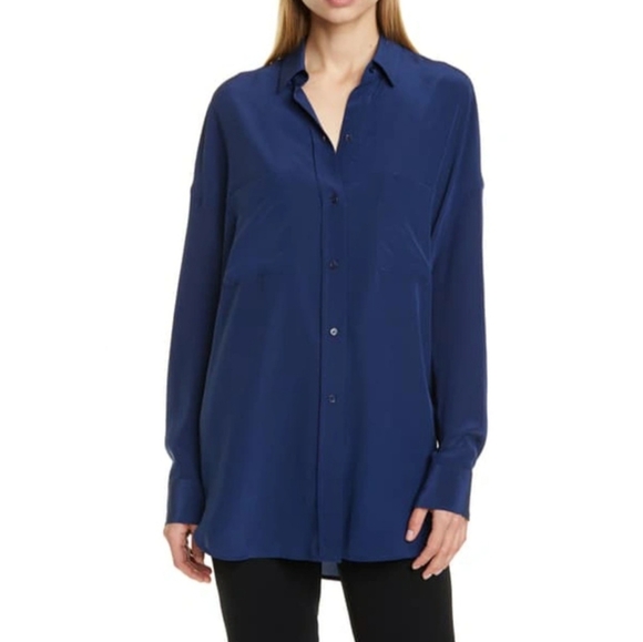 Vince Silk Oversized Buttondown Blouse Navy Small - Picture 1 of 6